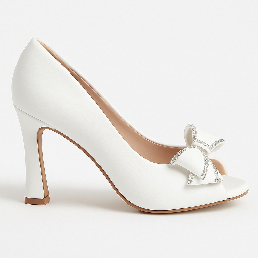 Elegant White Peep-Toe Heels with Bow Accent